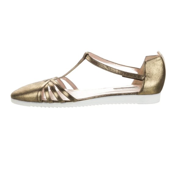 SJP Sarah Jessica Parker Gold Metallic Leather Print T Strap Sandal Flats Sz 12 - Picture 2 of 10